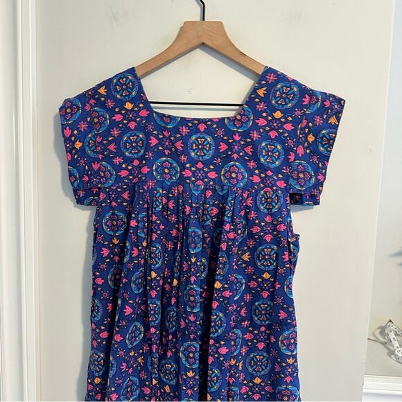 Vintage Blue Pink Cotton Block Printed House Maxi Dress Muumuu Small - Picture 6 of 12